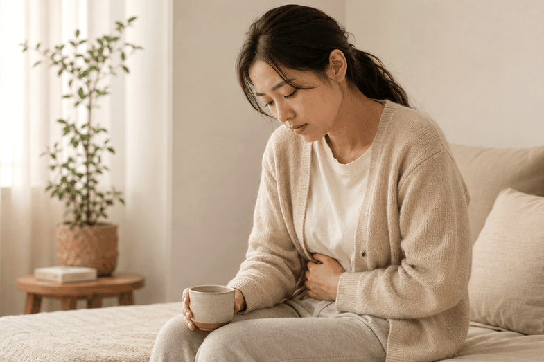 부천 유산후한약 – 아랫배를 감싸고 힘들어하는 여성