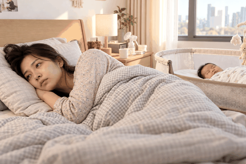 부천 산후우울증 – 침대에 누워 무기력하게 있는 여성과 곁의 아기