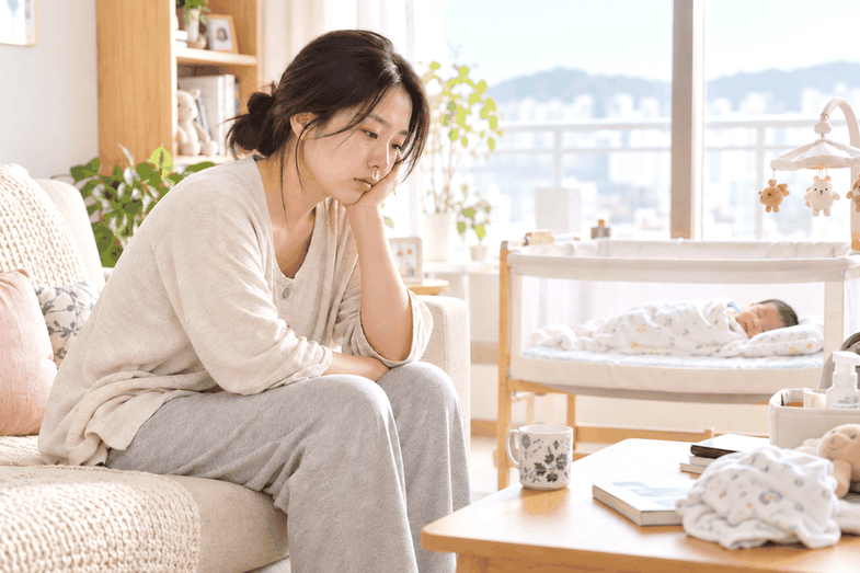 부천 산후우울증 – 소파에서 턱을 괴고 생각에 잠긴 여성