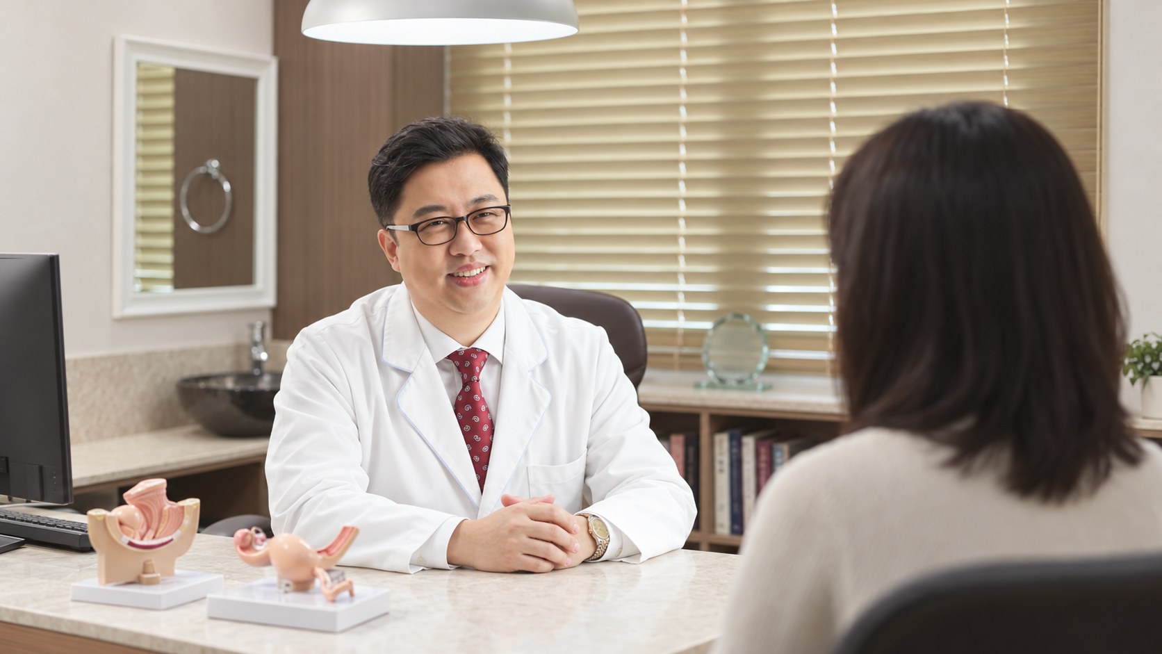 진료실 책상을 사이에 두고 한의사와 여성이 임신 준비에 대해 이야기를 나누는 상담 장면