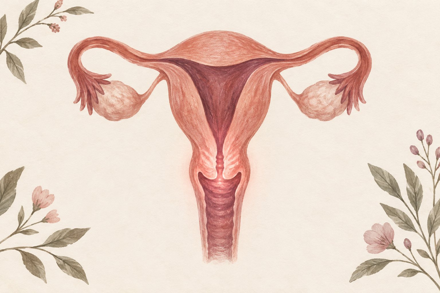 자궁과 양쪽 난소, 질로 이어지는 자궁경부 부분을 은은하게 강조한 일러스트