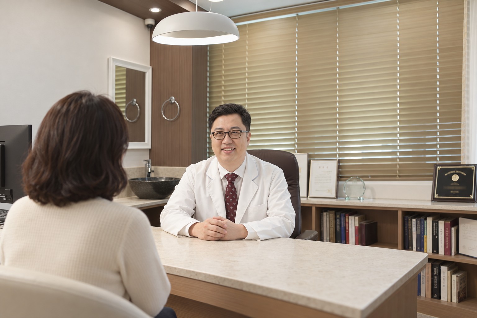 자윤한의원 부천점 진료실에서 신재안 원장이 환자의 이야기를 듣고 있는 모습