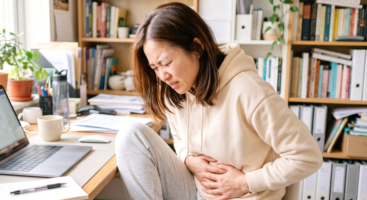 안양 생리양많아짐 – 책상 앞에서 아랫배를 감싸 쥔 채 통증을 견디는 여성