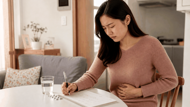 안양 평촌 생리통 – 아랫배를 짚으며 생리통으로 힘들어하는 여성