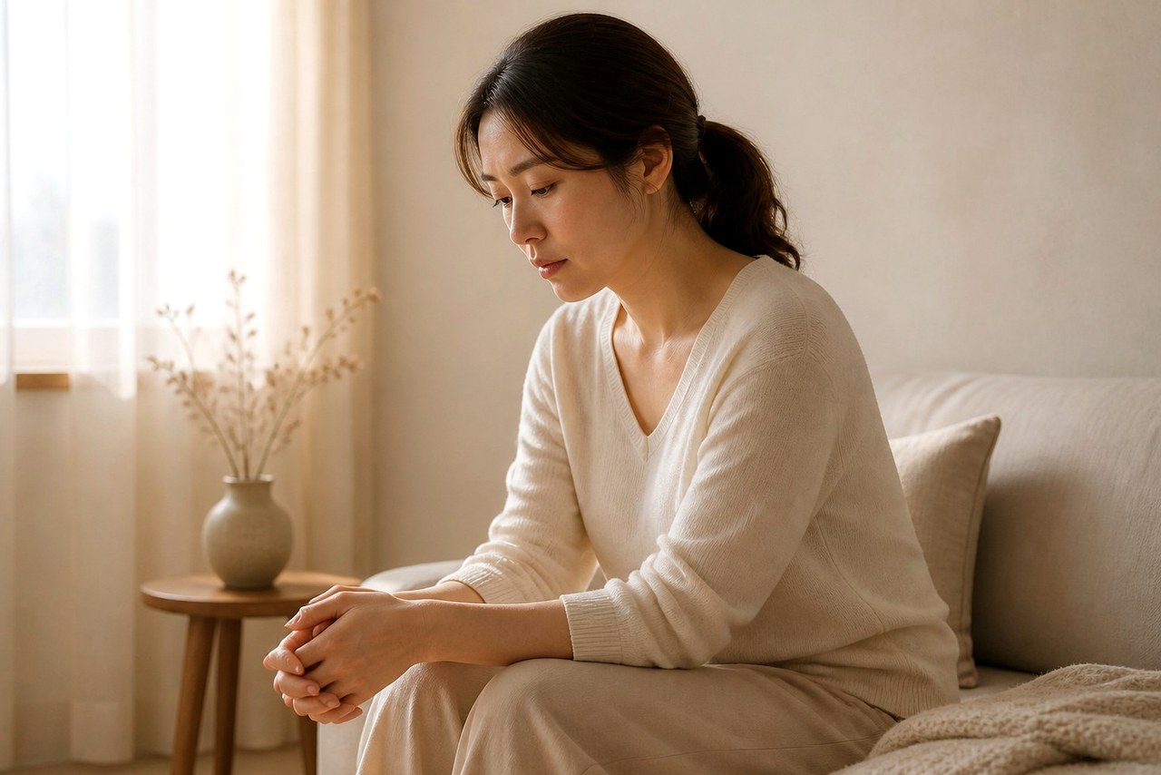 평촌 습관성유산 – 실내에서 손을 모으고 생각에 잠긴 여성