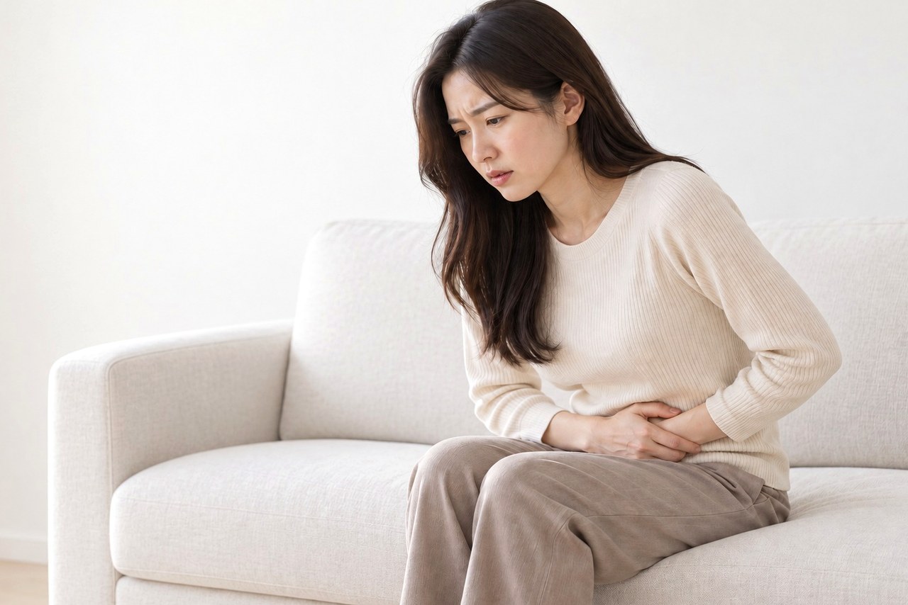 평촌 난소낭종 – 아랫배를 감싸고 힘들어하는 여성
