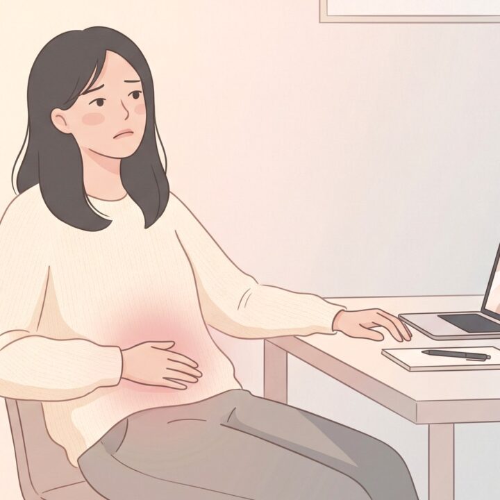 송도 만성질염 – 책상에서 아랫배를 감싼 여성 일러스트