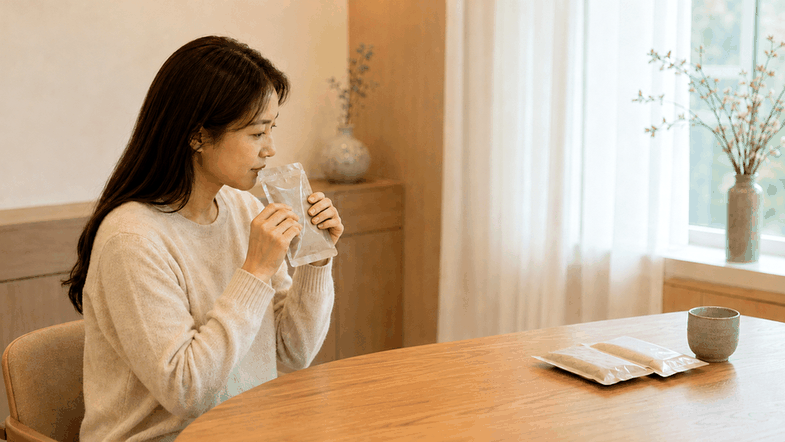 인천송도 유산후보약 – 한약 파우치를 마시는 여성