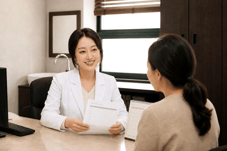 송도 자궁경부이형성증 – 한의사가 검사지를 들고 여성 환자와 상담하는 모습