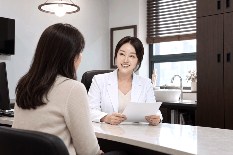 인천 생리 양 많아짐 – 한의사가 검사 결과지를 들고 설명하는 모습