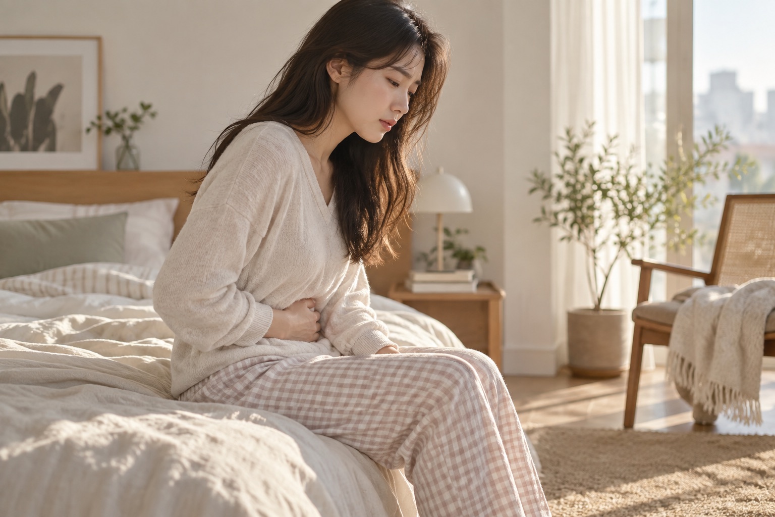 아침에 아랫배에 손을 얹고 앉아 있는 여성