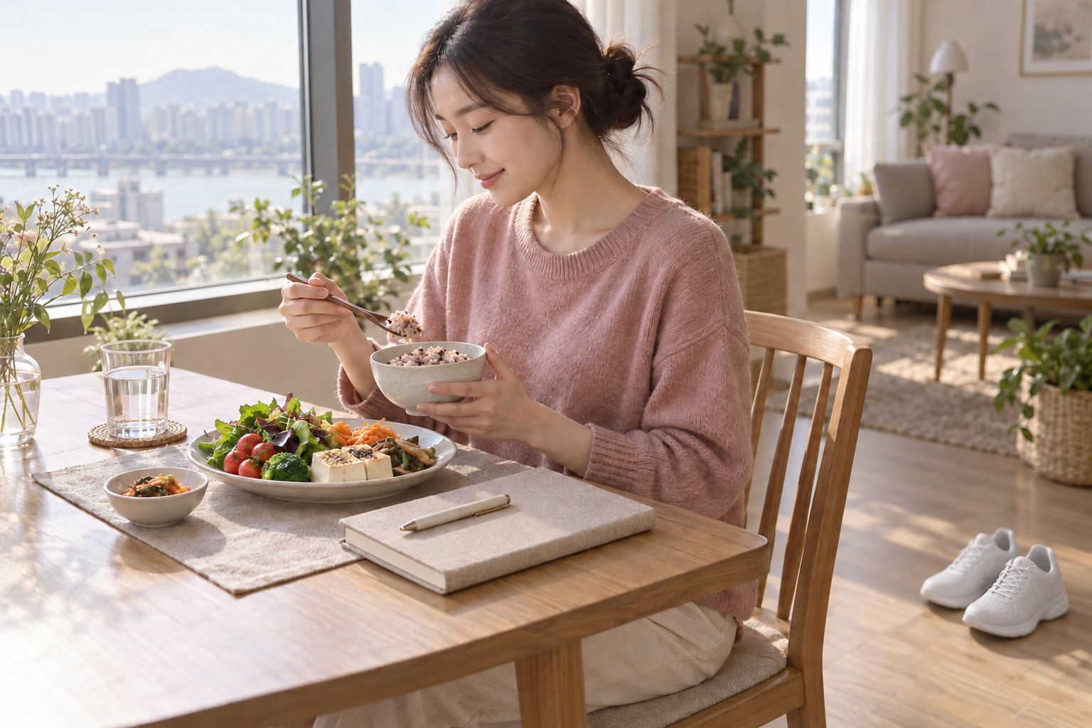 아침 식탁에서 잡곡밥과 채소, 두부로 식사하는 여성과 곁에 놓인 노트, 바닥의 운동화