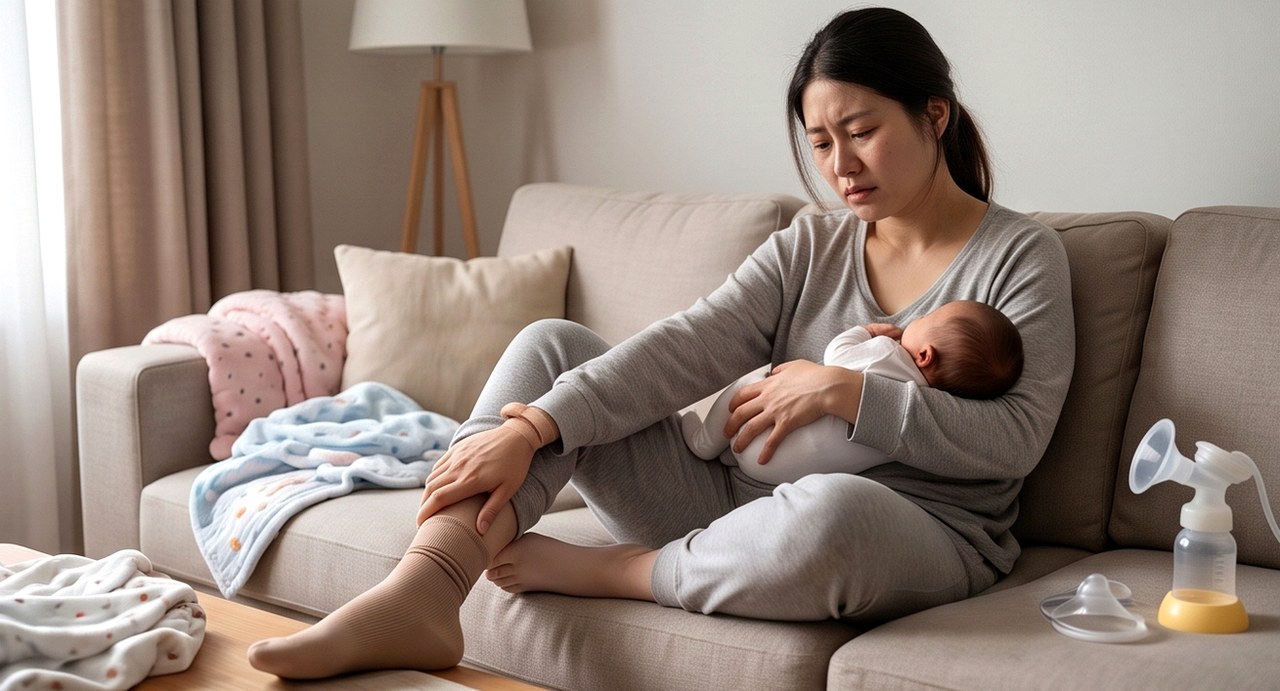 대전 산후보약 – 신생아를 안고 산후 부종으로 다리를 주무르는 산모