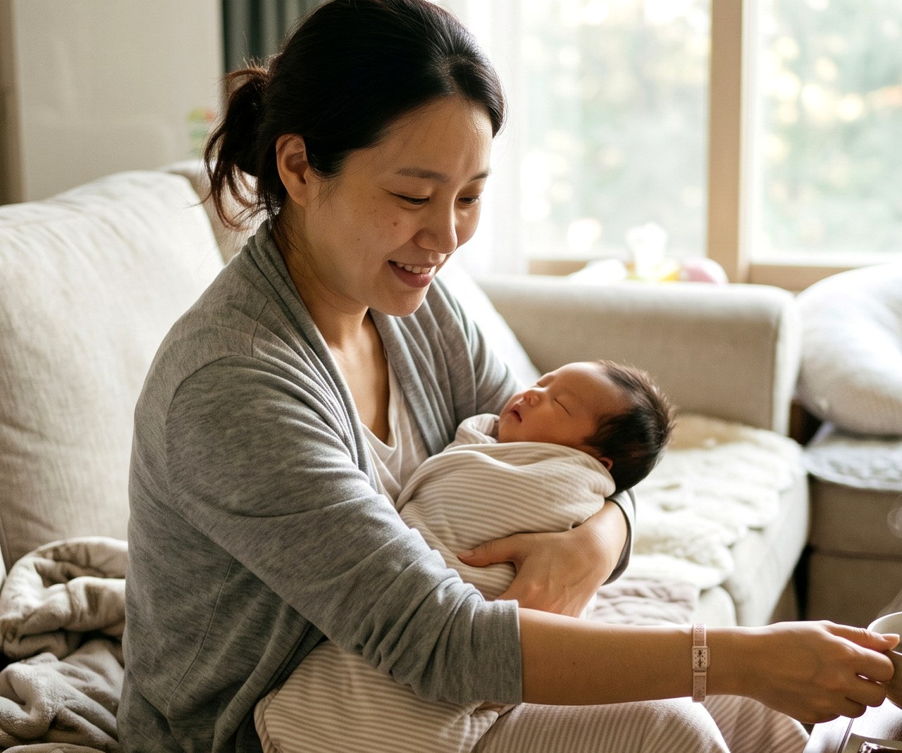 대전 산후보약 – 신생아를 안고 미소 짓는 산모
