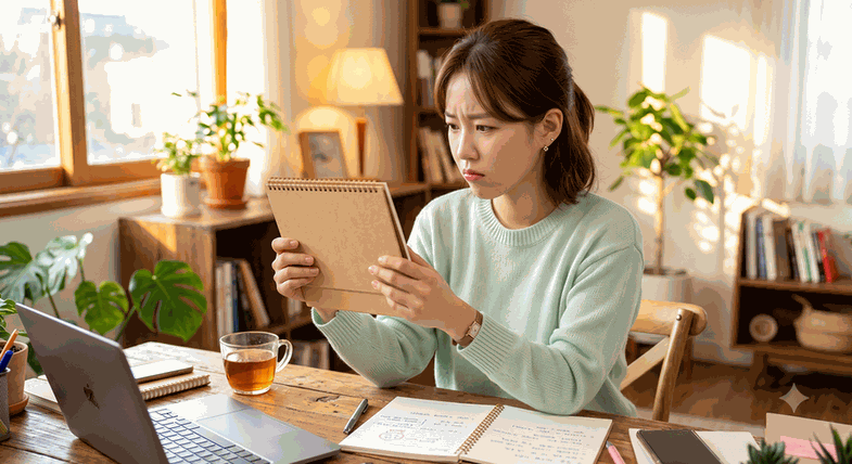 대전 생리불순 – 수첩으로 생리 주기를 확인하며 걱정하는 여성