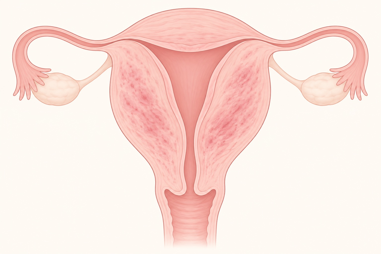 자궁선근증 자궁 단면 도식 - 자궁근층에 자리 잡은 조직을 표현한 교육용 일러스트