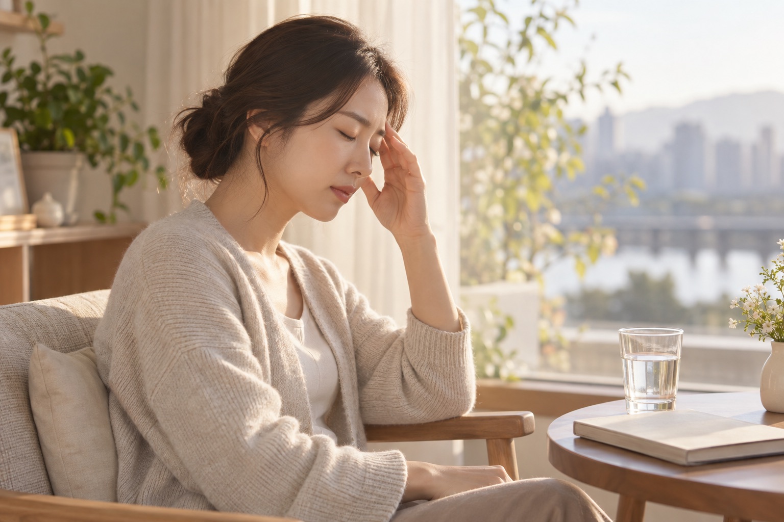 거실 의자에 앉아 눈을 감고 관자놀이에 손을 댄 여성