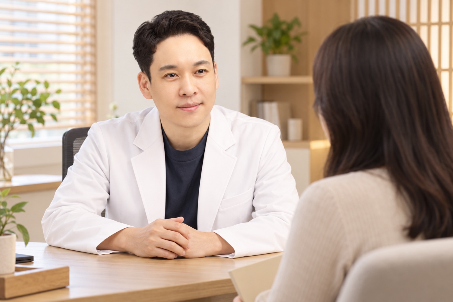 흰 가운을 입은 한의사가 진료실 책상 너머에서 여성 환자와 상담하는 장면