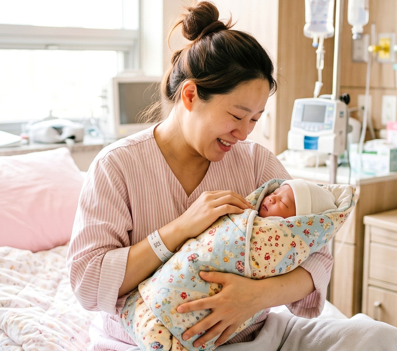 부산 산후한약 – 병실에서 신생아를 안은 산모