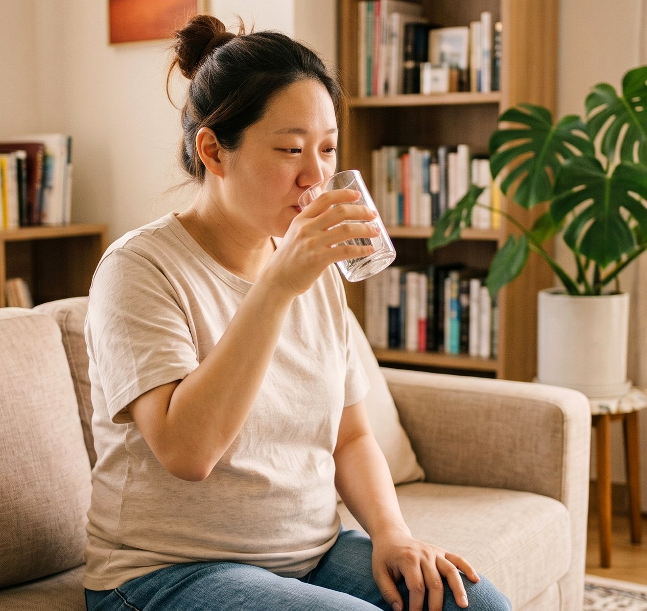 부산 산후한약 – 거실 소파에서 물을 마시는 여성