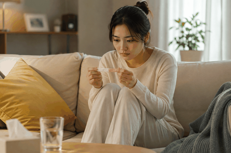 부산 센텀 임신착상 &ndash; 임신테스트기 결과를 바라보는 여성