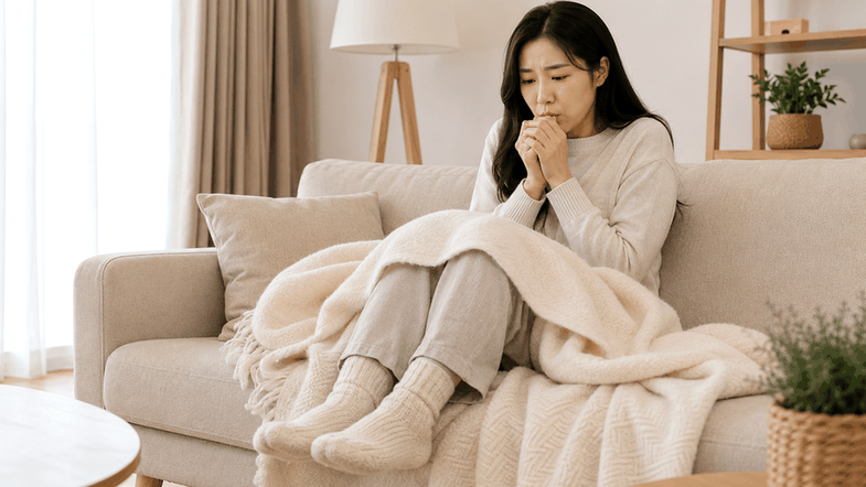부산 센텀 여성한의원 – 담요를 덮고 손을 녹이며 추워하는 여성