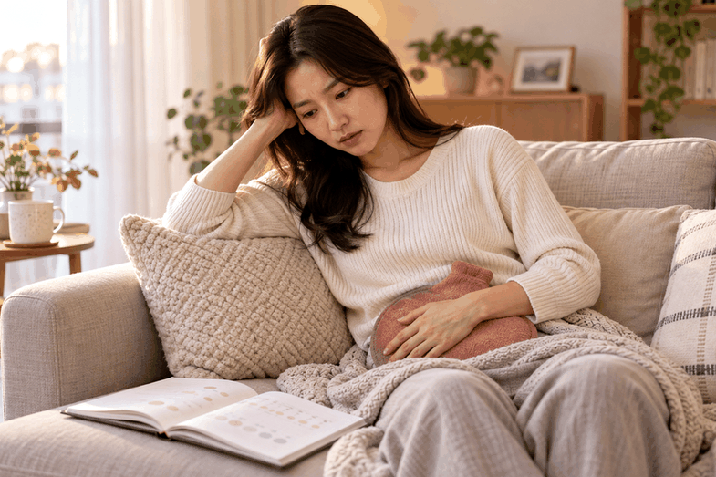 부산 생리전증후군 – 찜질팩을 대고 힘들어하는 여성