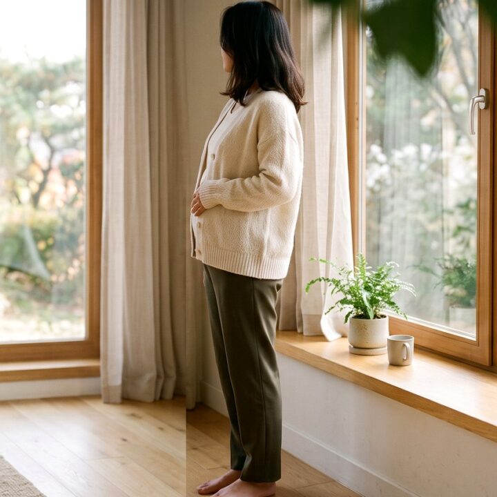제주 난소기능저하 – 창가에서 배에 손을 얹은 여성