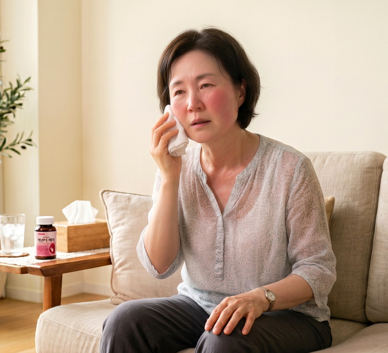 제주 갱년기 – 얼굴이 달아올라 땀을 닦는 중년 여성