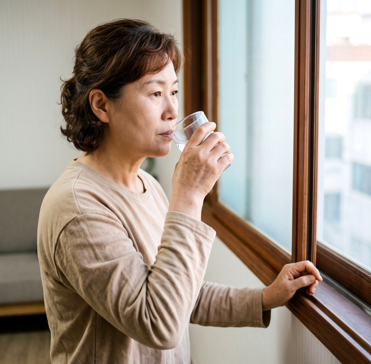 제주 갱년기 – 창가에서 물을 마시는 중년 여성