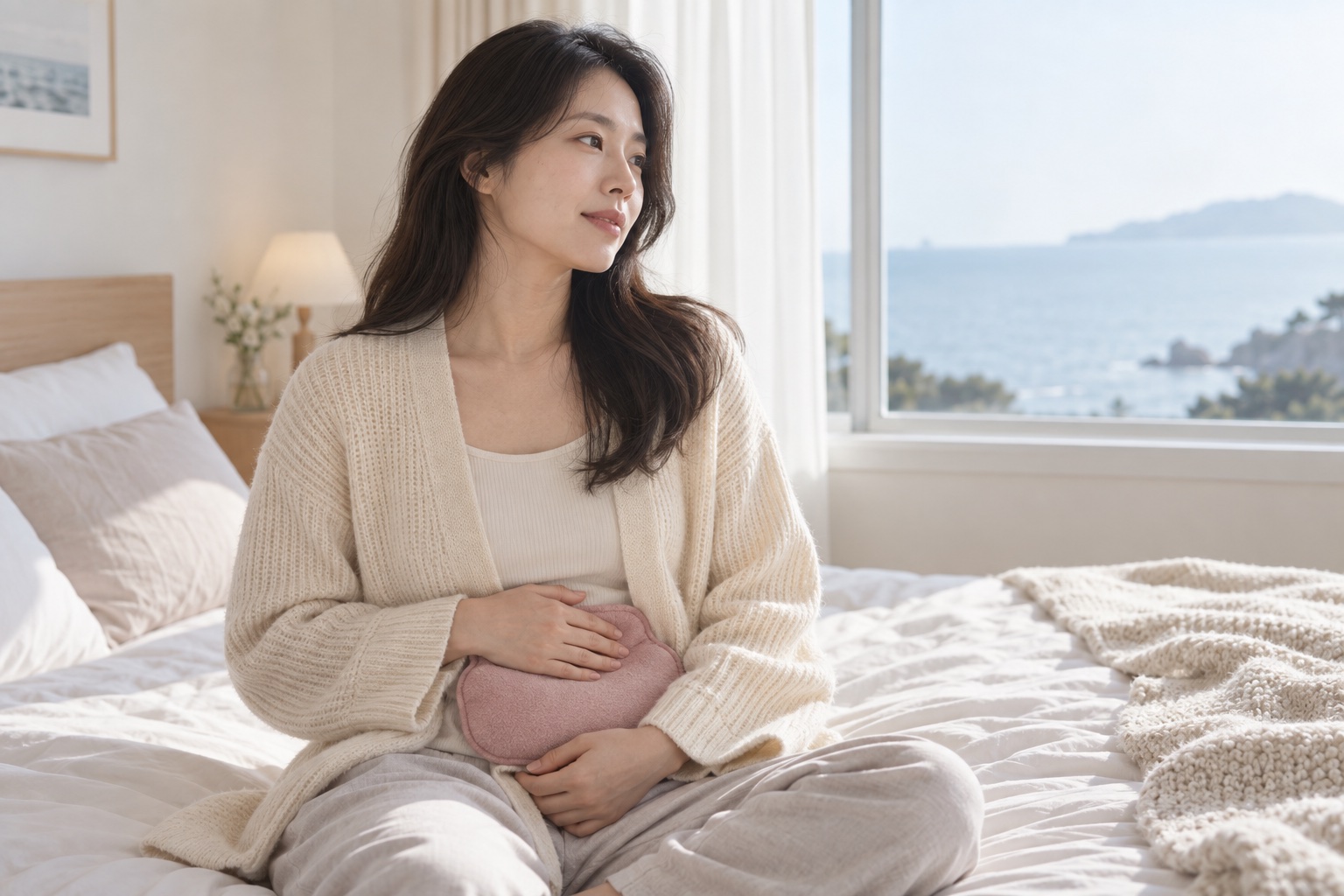 침대에 앉아 아랫배에 온열팩을 대고 쉬고 있는 여성