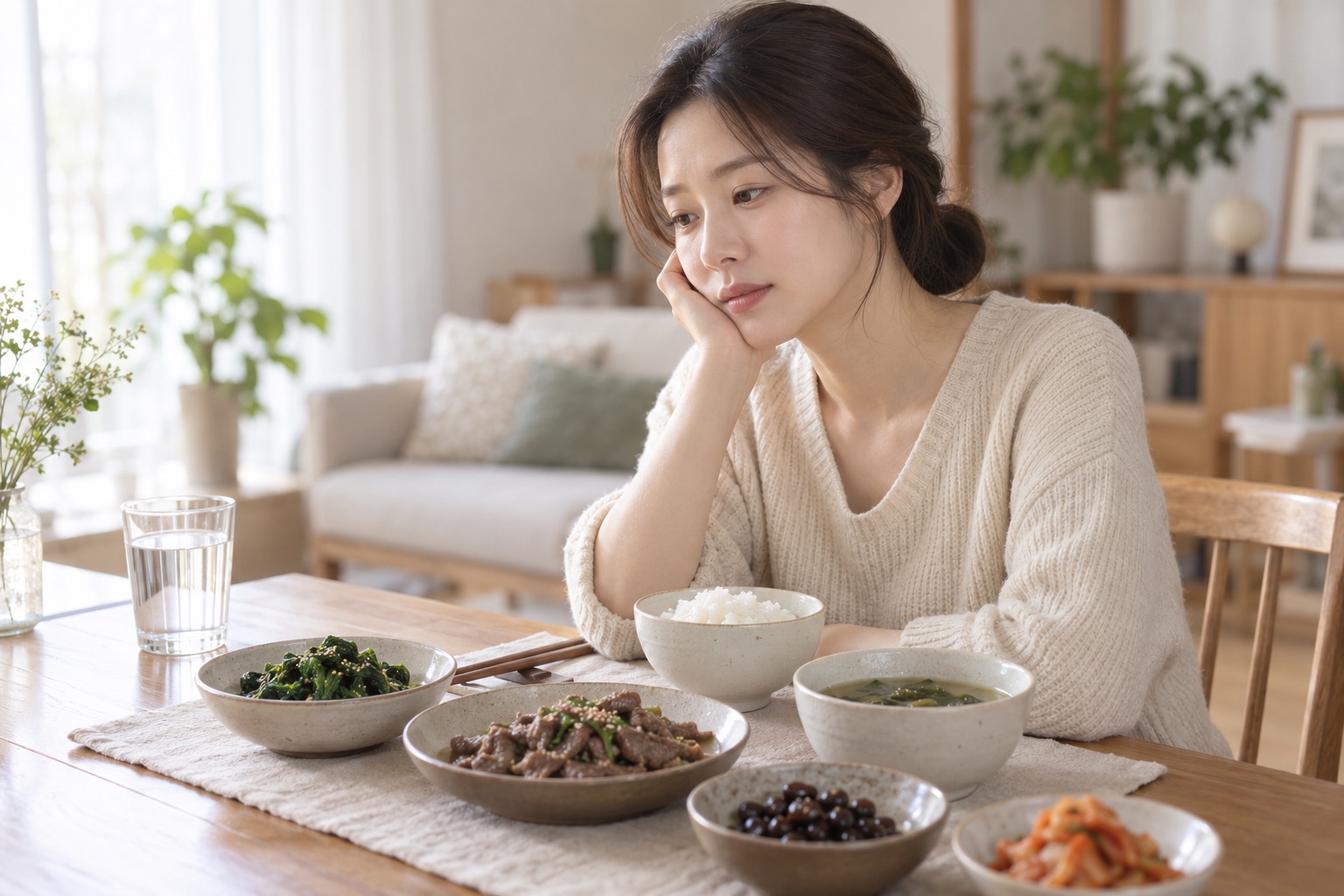 시금치나물과 소고기, 검은콩, 미역국이 차려진 식탁에 턱을 괴고 앉은 여성