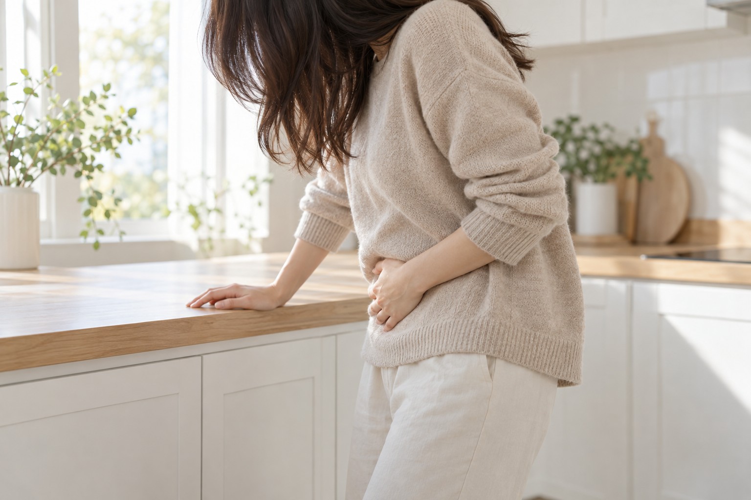 주방 조리대에 한 손을 짚고 다른 손을 아랫배에 댄 채 서 있는 여성의 모습