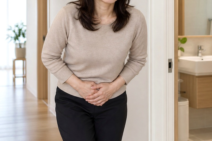 노원 여성요도증후군 – 화장실 앞에서 요의를 참으며 아랫배를 감싼 여성