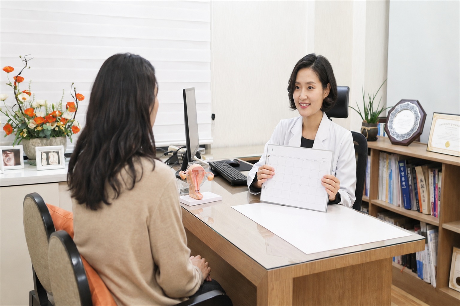 자윤한의원 노원점에서 월경 주기와 조기폐경 관련 상담을 하는 모습