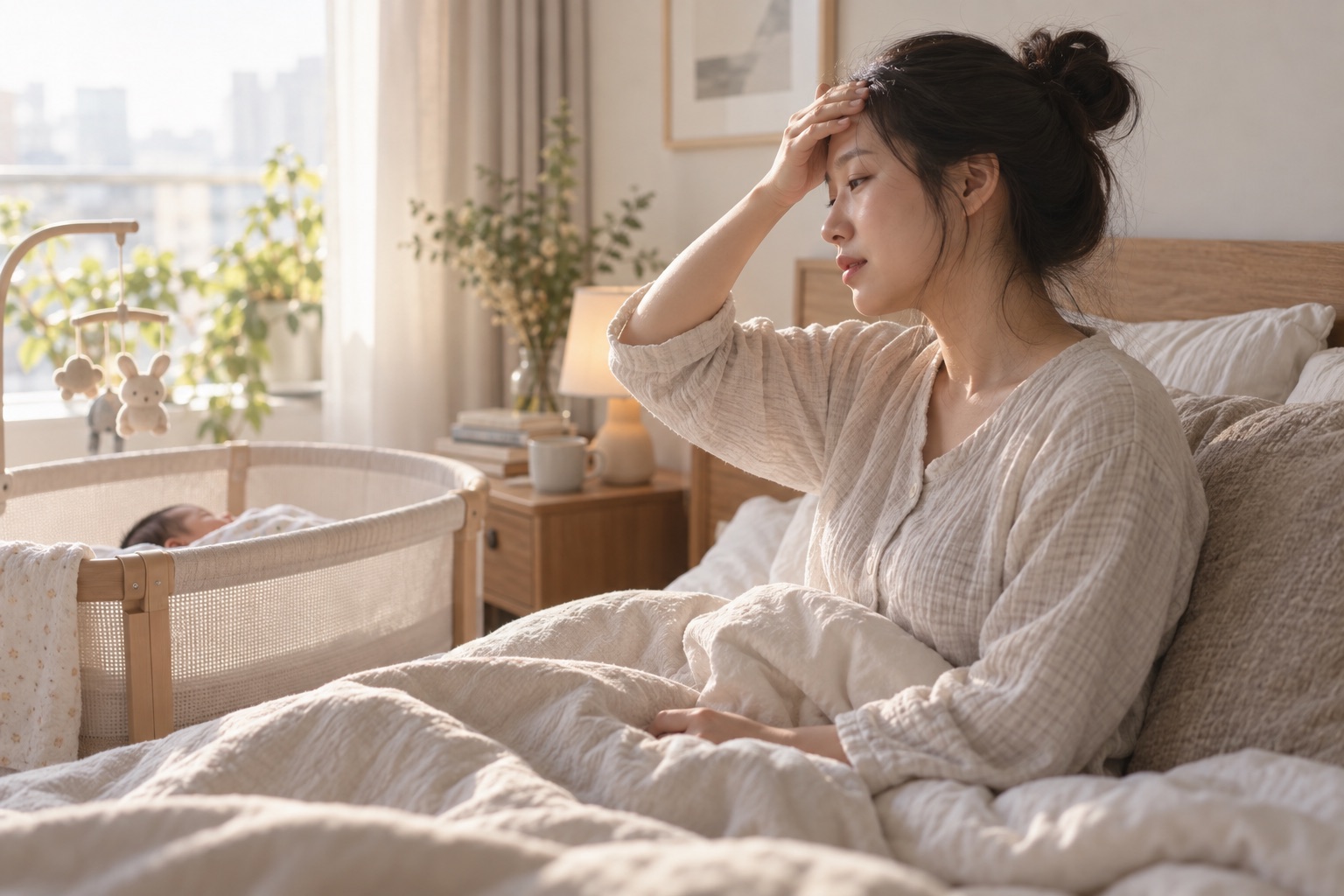 아기 옆에서 이마를 짚어보는 산모