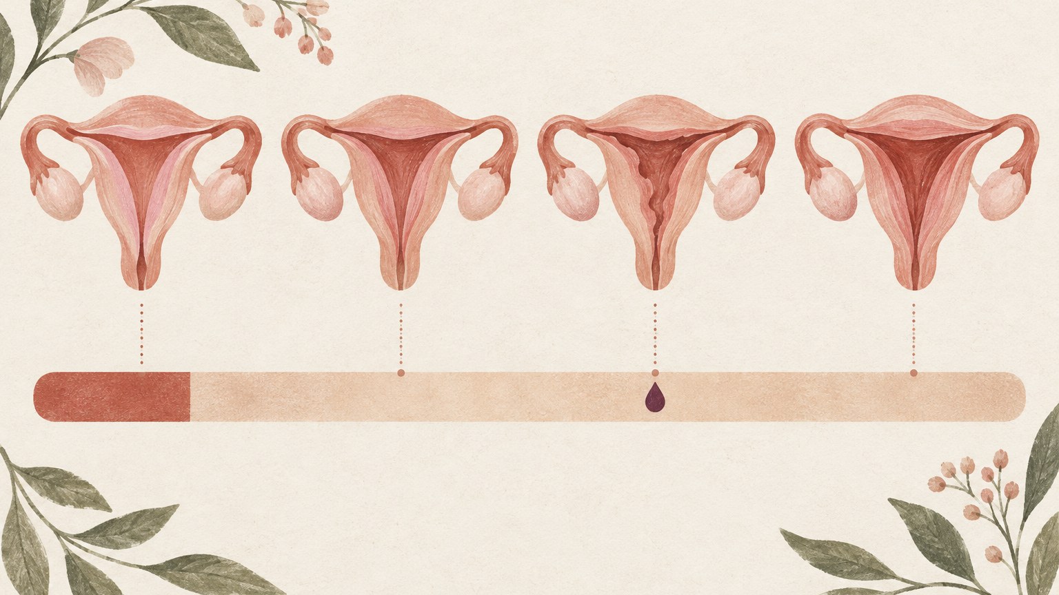 한 달 주기를 가로 막대로 나타내고 생리 기간과 그 밖의 시기에 생긴 출혈 위치, 시기별 자궁 내막 변화를 그린 일러스트