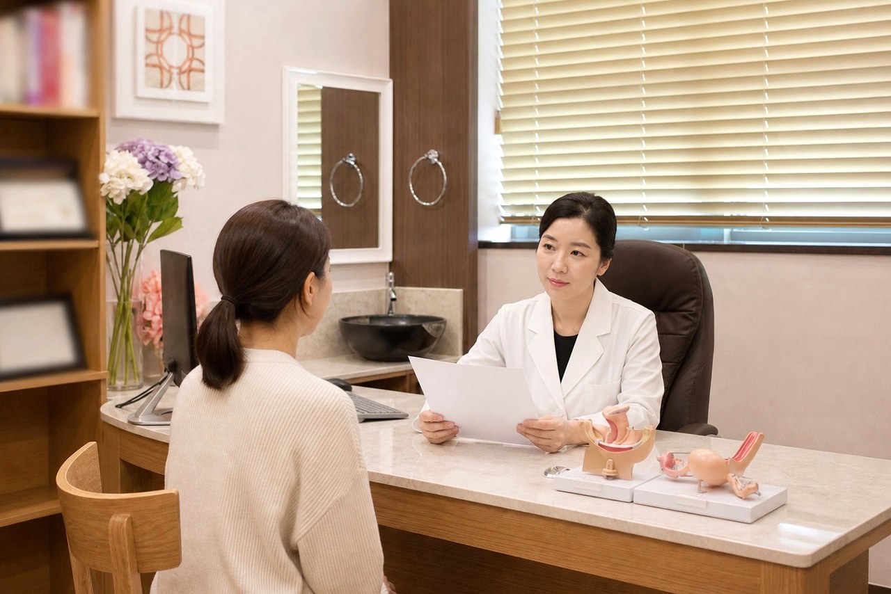 잠실 출산후보약 – 진료실에서 한의사가 여성 환자와 상담하는 모습