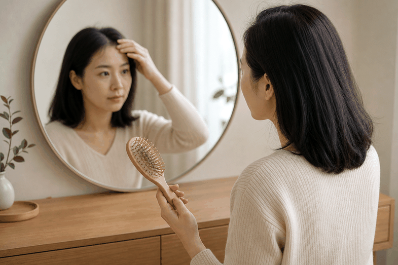 잠실 갱년기관절통 – 거울 앞에서 머리카락을 살피는 여성