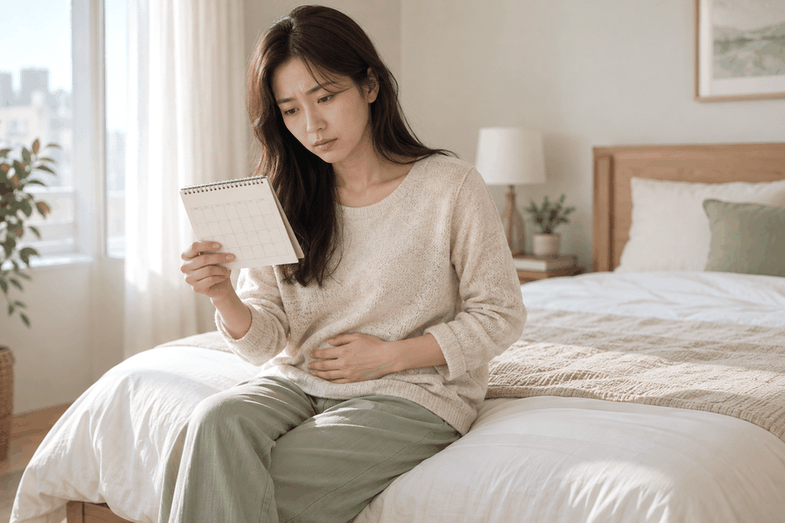 서초 생리 늦어지는 이유 – 달력을 보며 아랫배를 짚는 여성