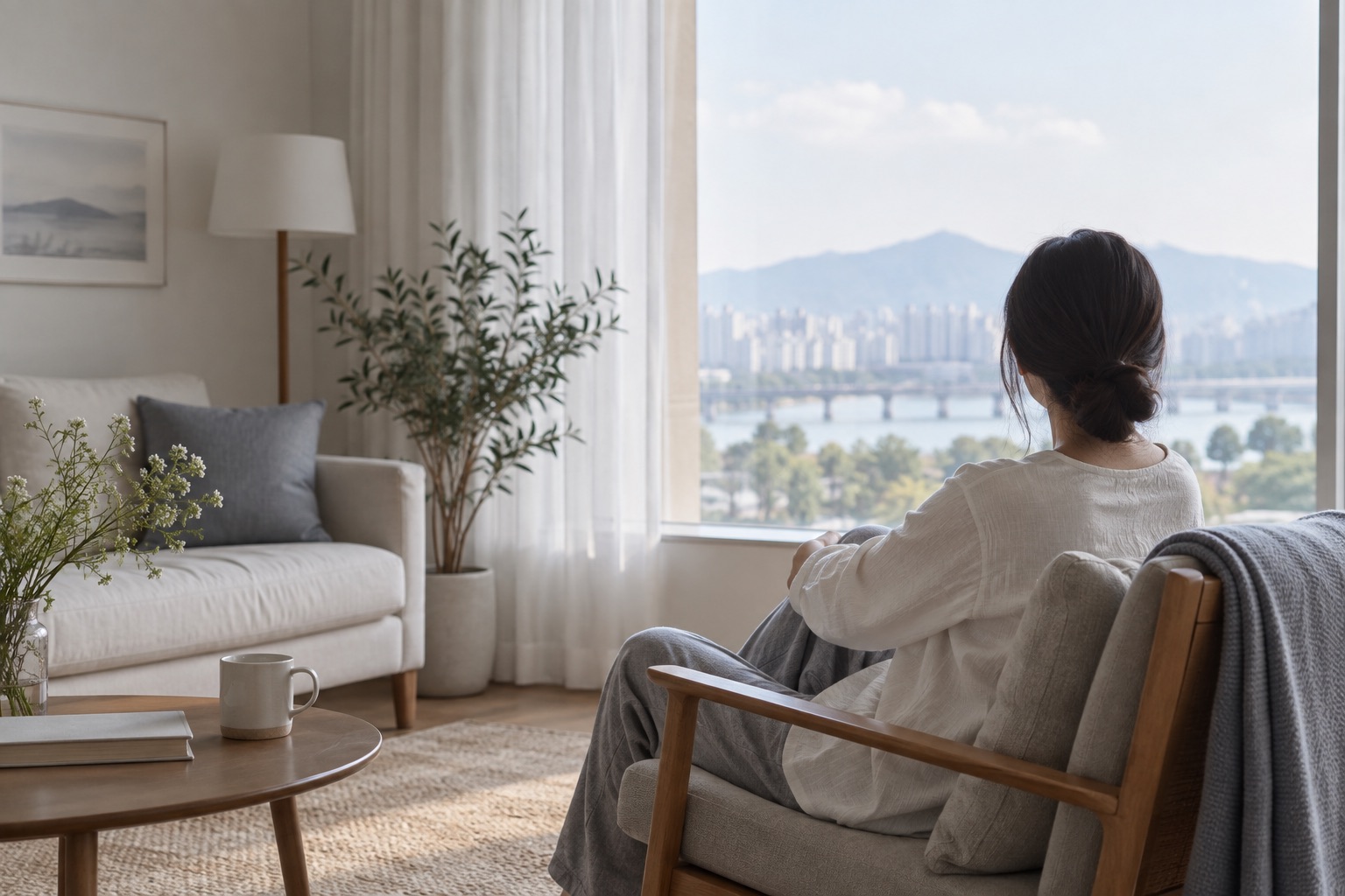 유산 후 호르몬 변화 회복기에 창가 의자에 앉아 조용히 쉬는 여성의 뒷모습