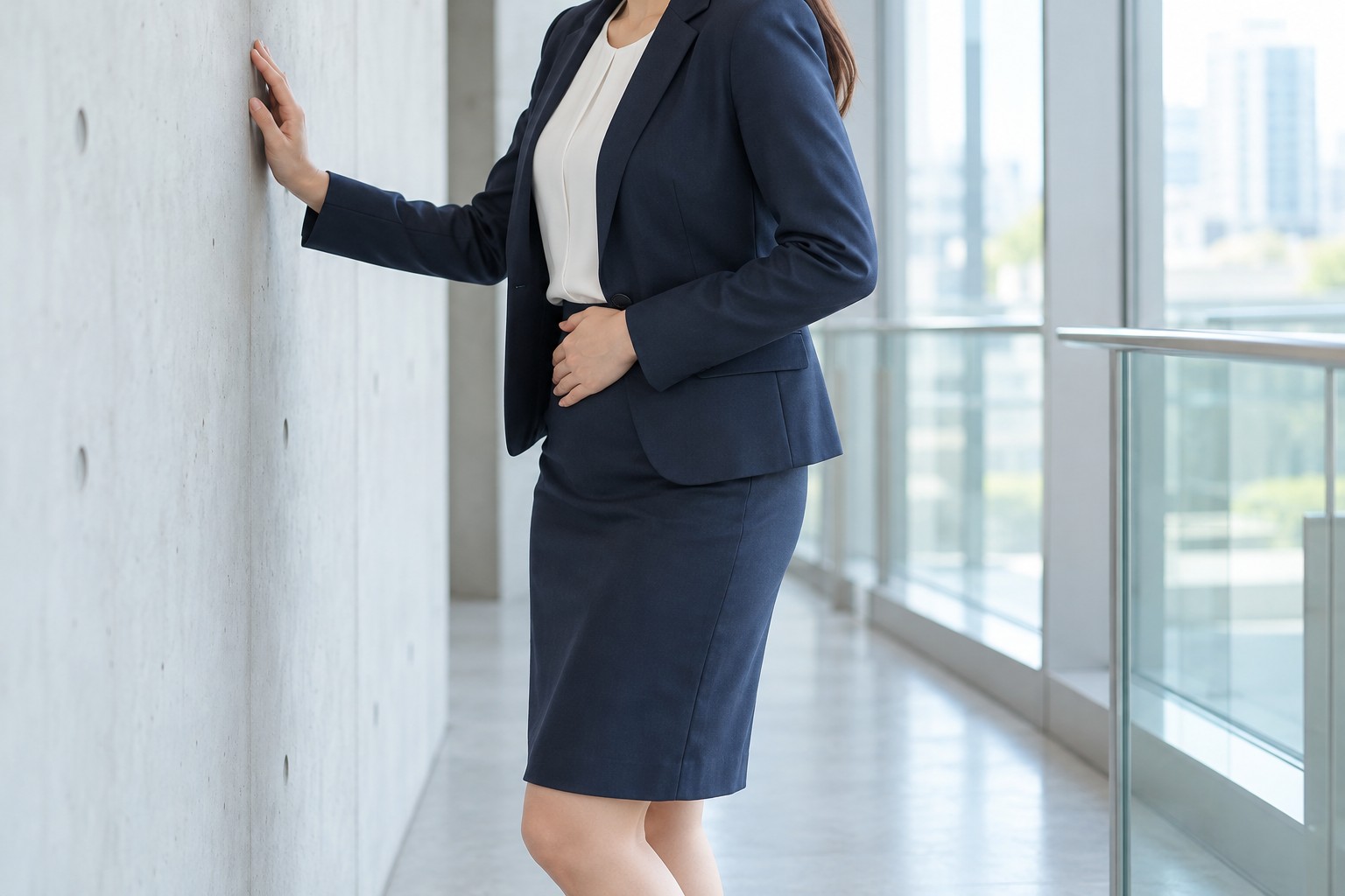 정장 차림의 여성이 복도의 콘크리트 벽에 한 손을 짚고 다른 손을 아랫배에 댄 채 서 있는 모습