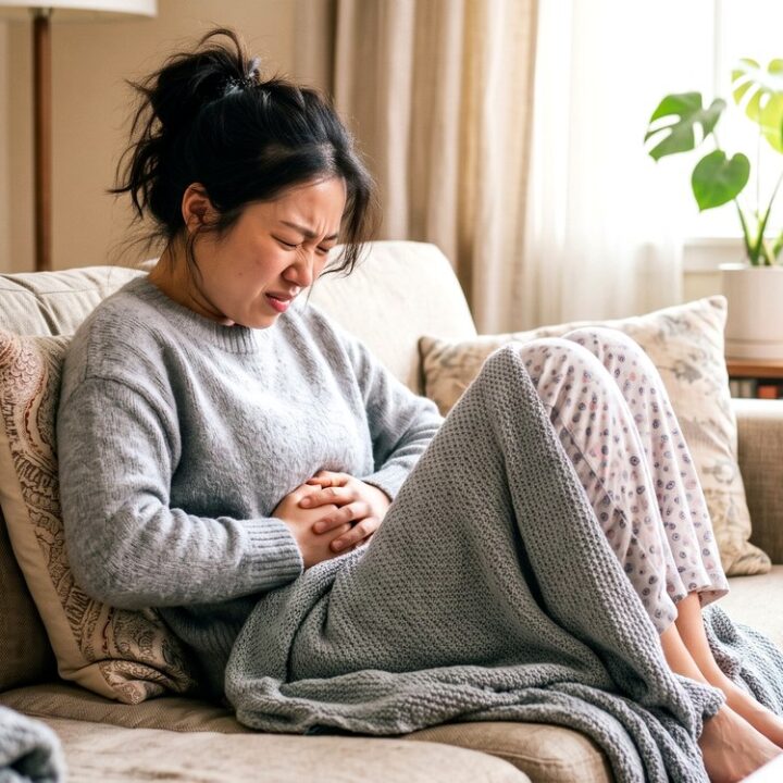 용산 여성한의원 – 생리 전 아랫배를 감싼 여성