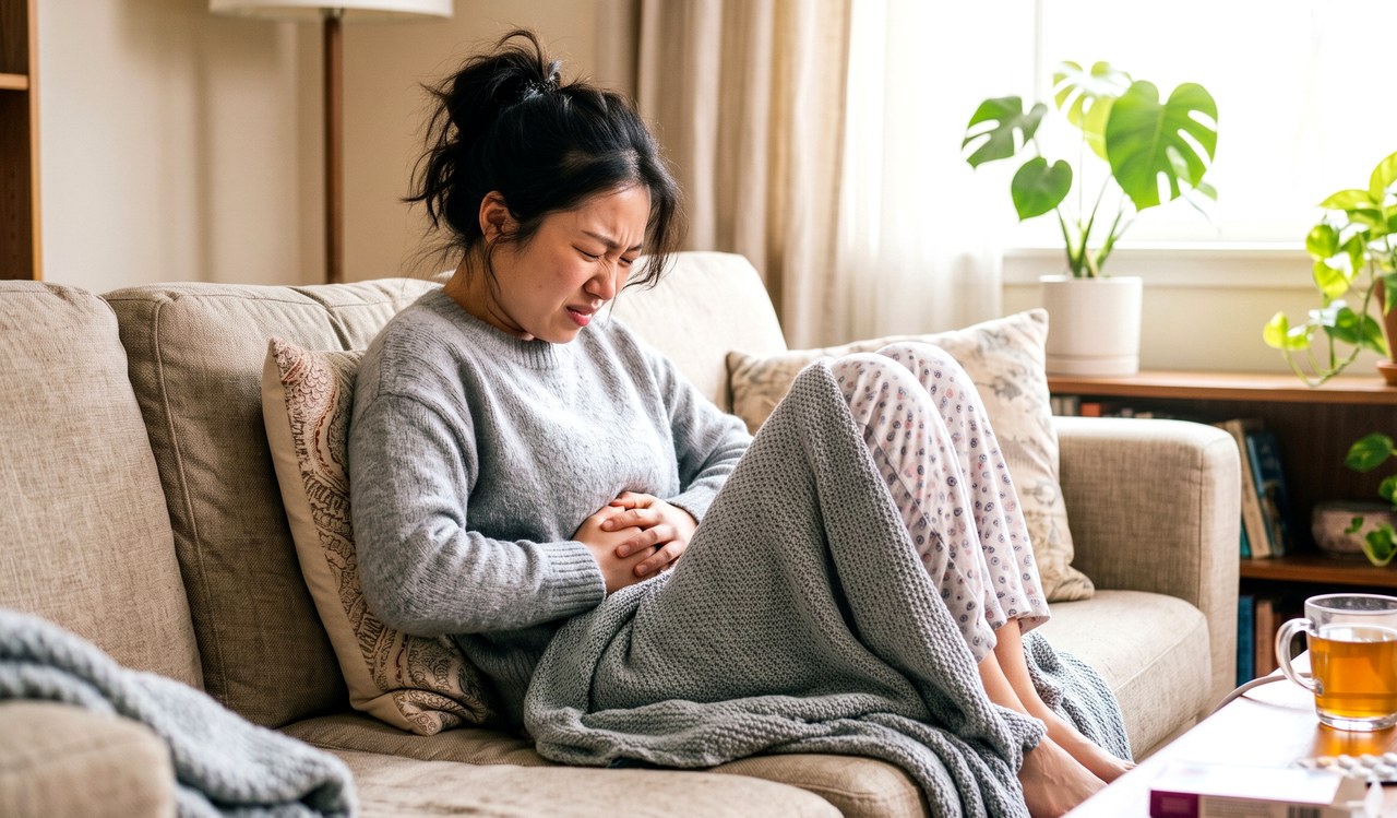 용산 여성한의원 – 생리 전 아랫배를 감싼 여성