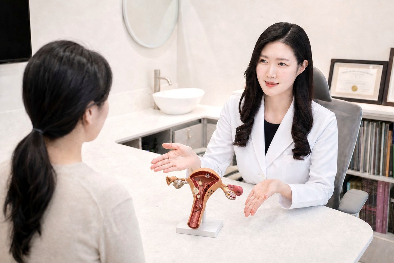 용산 자궁경부이형성증 – 진료실에서 한의사가 자궁 모형을 두고 상담하는 모습