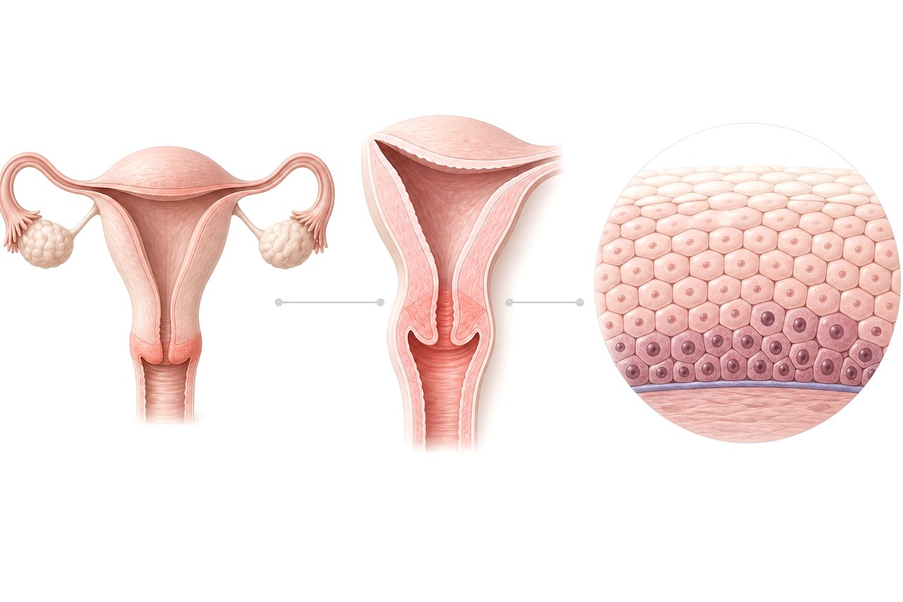 용산 자궁경부이형성증 – 자궁경부 상피세포 변화를 보여주는 의학 일러스트
