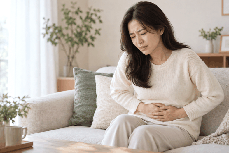용산 골반염 – 아랫배를 감싸고 통증에 힘들어하는 여성