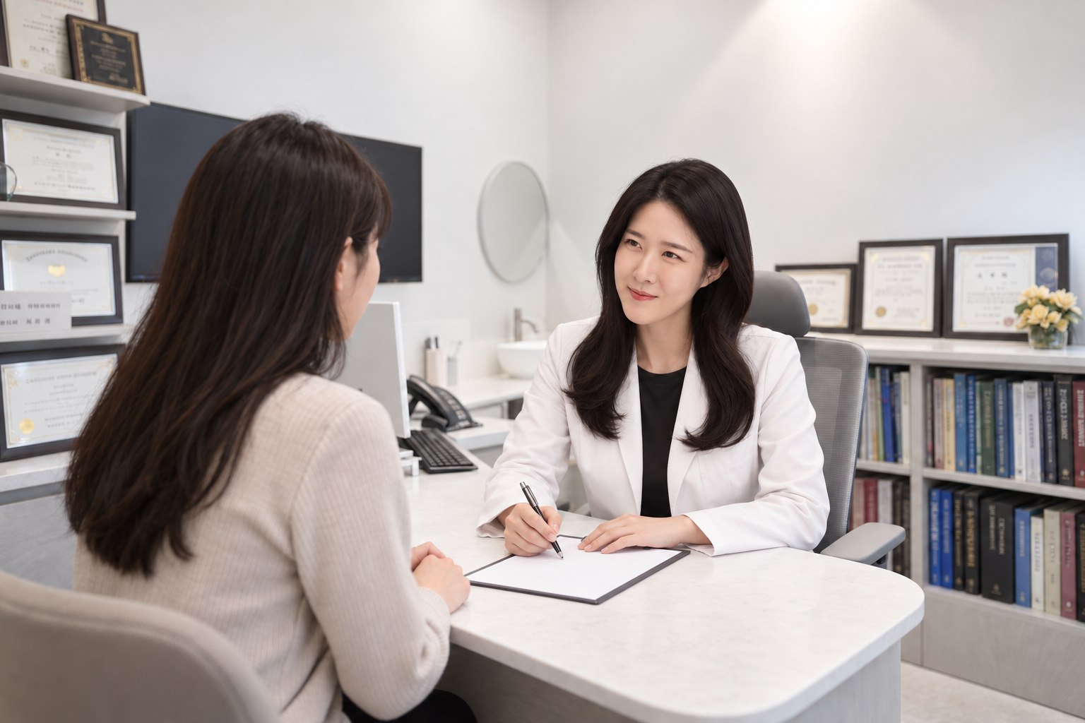 용산 골반염 – 진료실에서 한의사가 여성 환자와 상담하는 모습