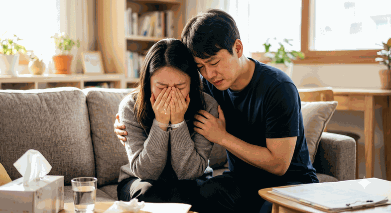 분당 계류유산치료 – 소파에서 서로를 위로하는 부부