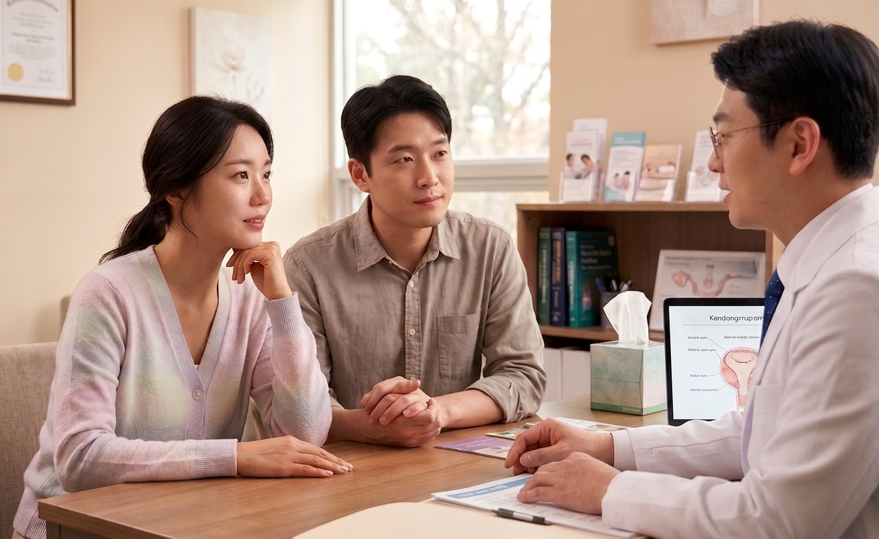 분당 고령임신 – 진료실에서 임신 준비 상담을 받는 30대 부부